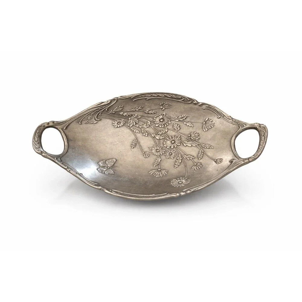 Vintage Frieling Zinn Pewter Handled Bowl 95% Germany‎ Floral Butterfly Dish